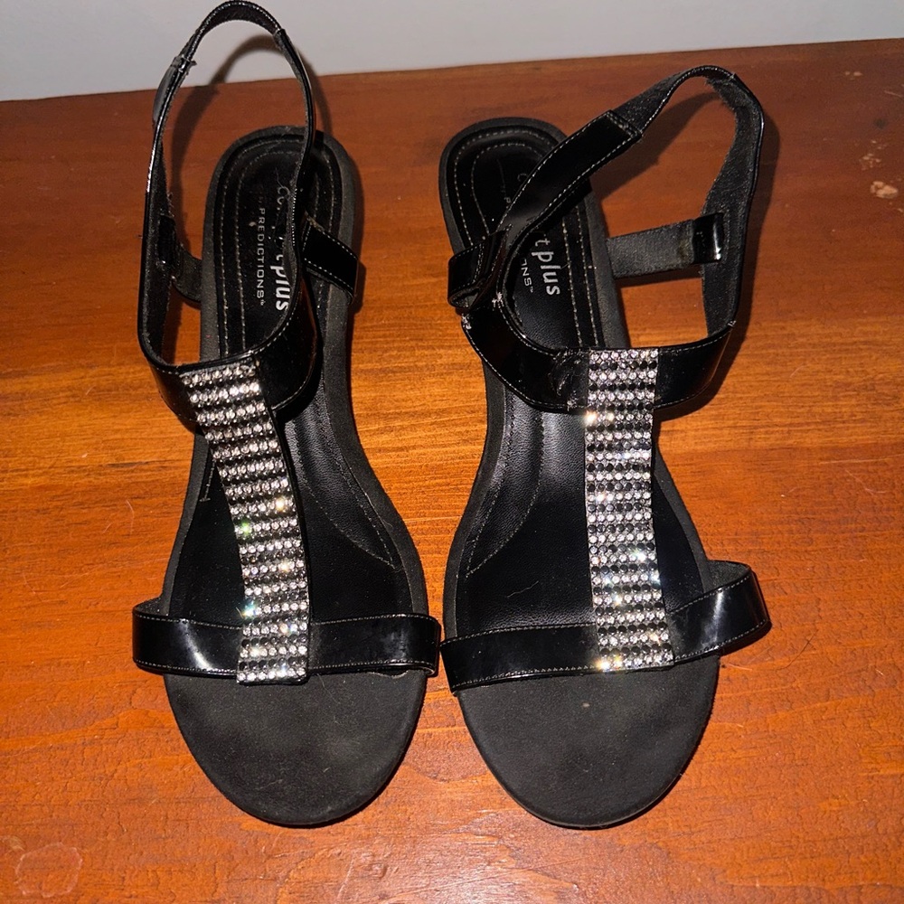 Black wedge heels with diamond accent